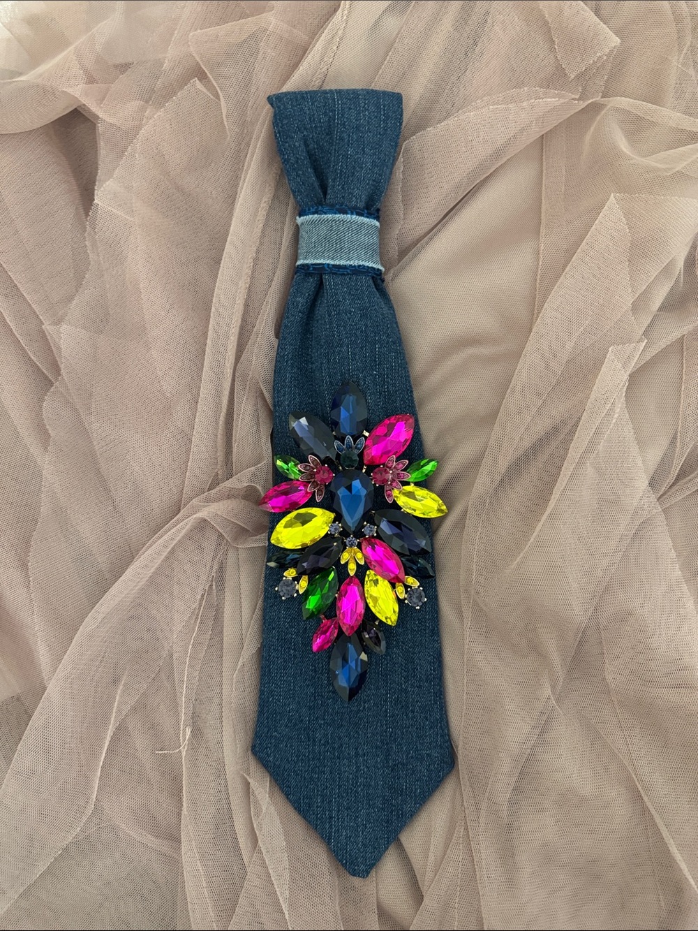 Upcycled Denim Tie Necklace with Multicolor Crystal Brooch (beads not included.